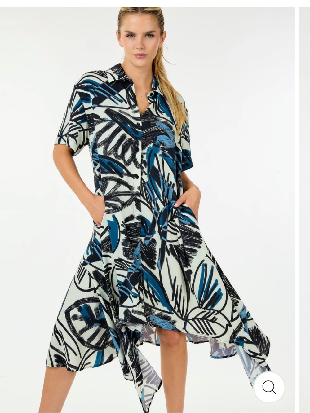 Blue Black White Floral Shirt Dress L/XL